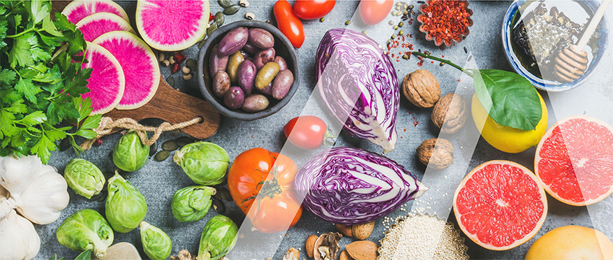 Fruits, vegetables, olives